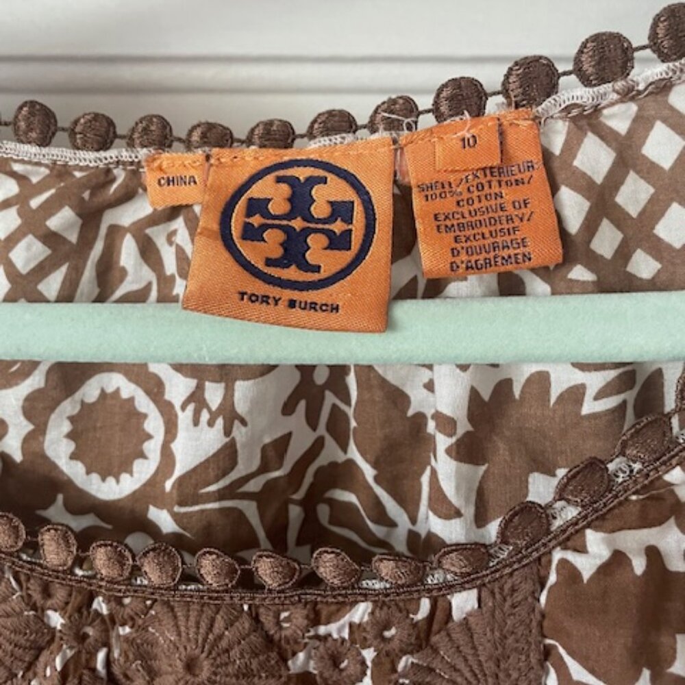 Tory Burch Top Boho Long Sleeve Brown/Tan Print  White Size 10 Lace 100% Cotton - Picture 7 of 10